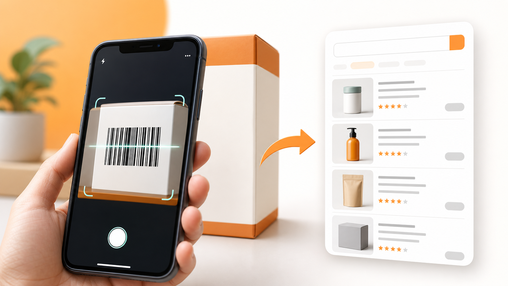 スマートフォンで商品バーコードを読み取り、検索結果につなげるイメージ